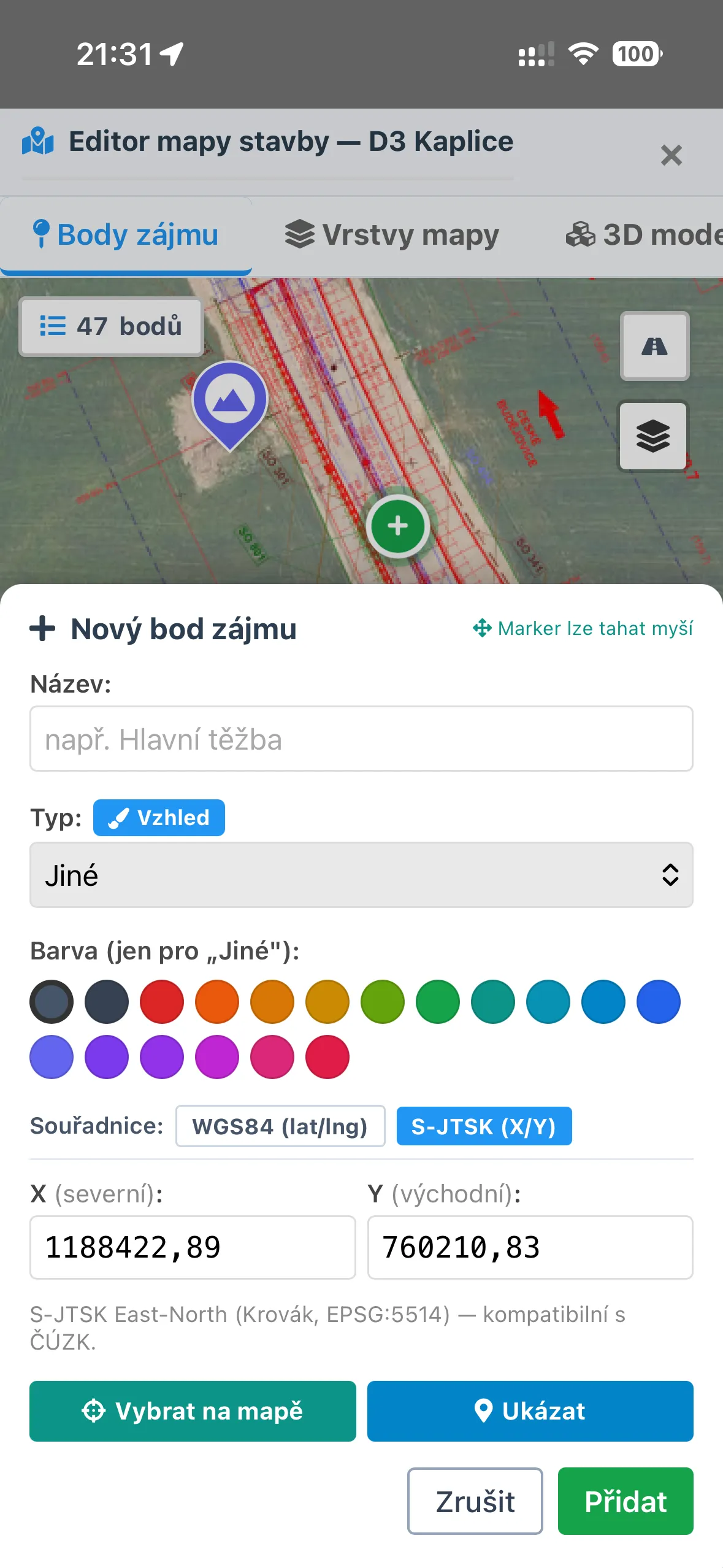 Přidání bodu zájmu v mapě