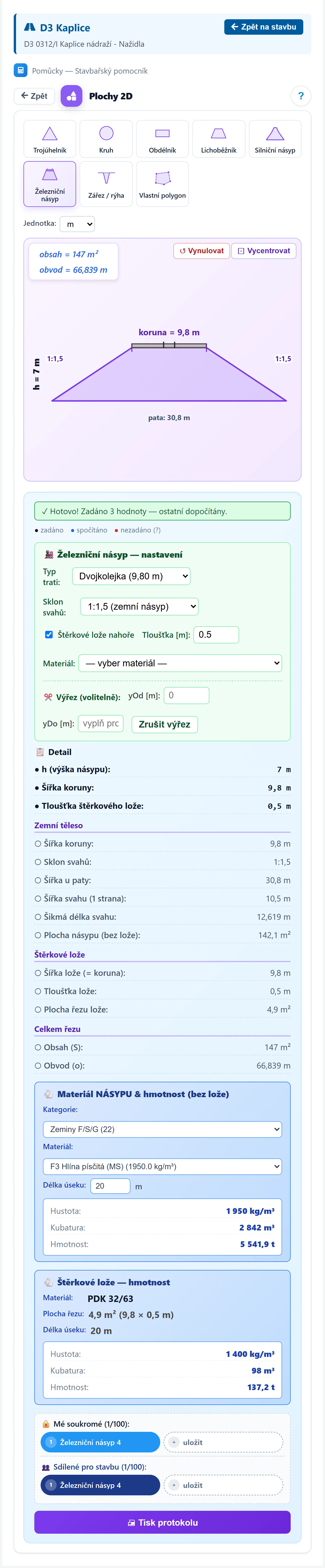Kalkulačka železničního násypu