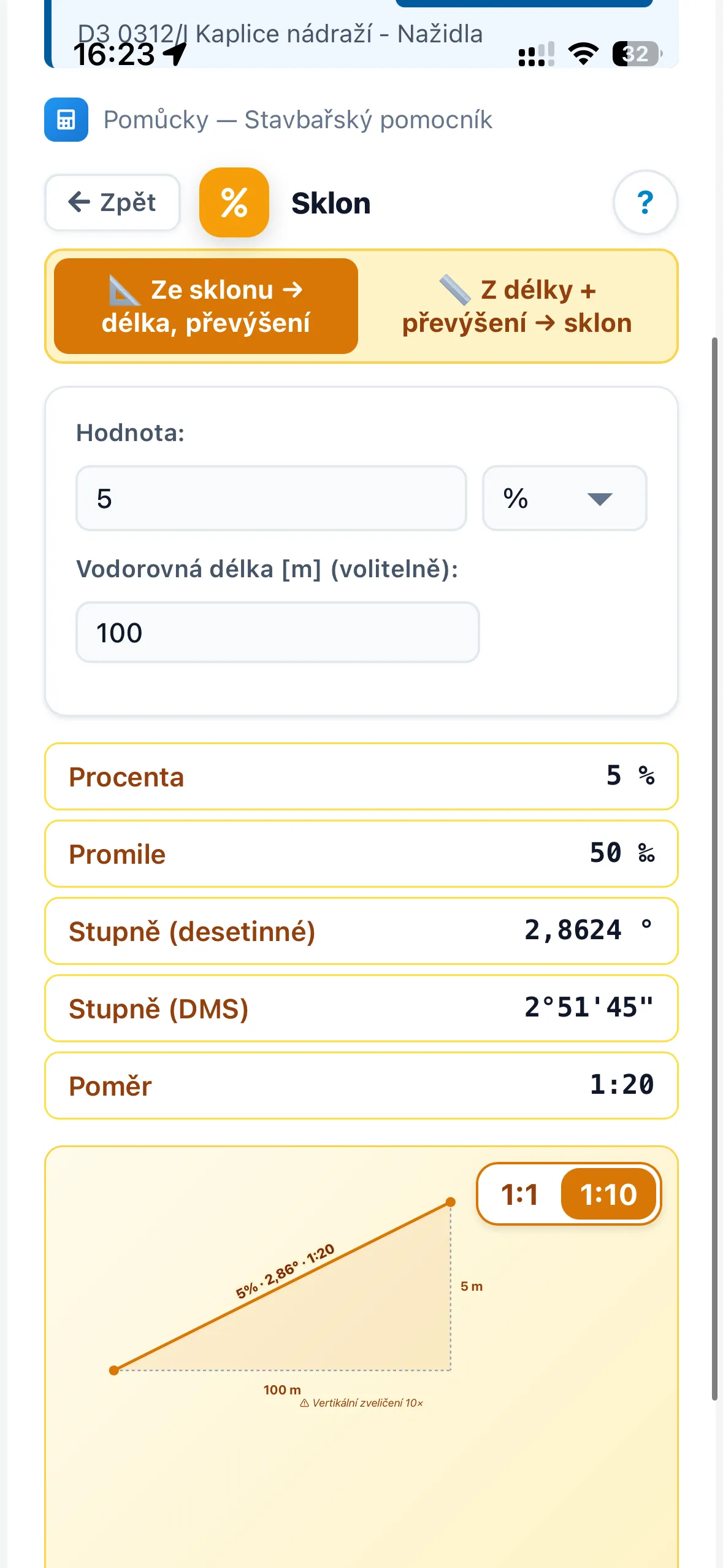 Pomůcka: výpočet sklonu