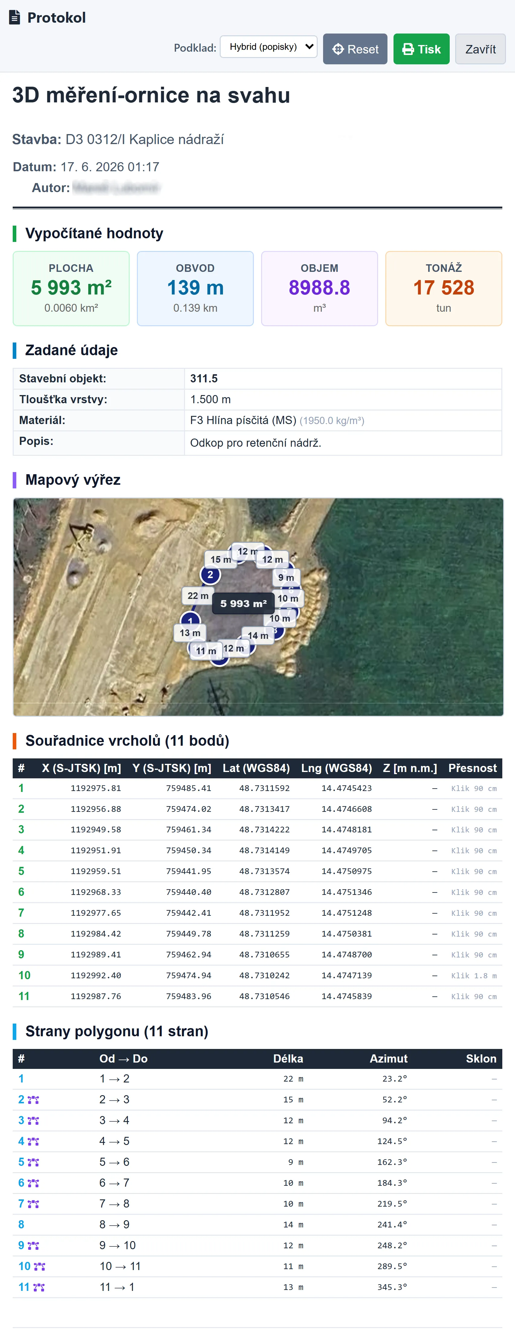 Protokol z plochy změřené v mapě — plocha, obvod, objem, tonáž